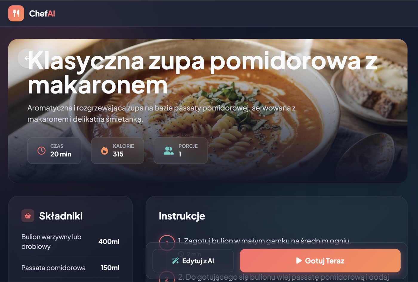 ChefAI - karta wygenerowanego przepisu