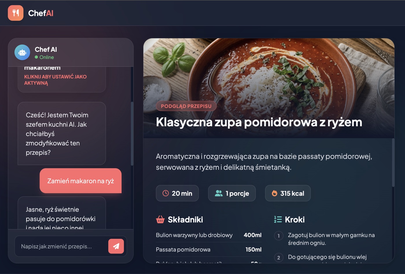 ChefAI - chat modyfikujący przepis przez tool calling